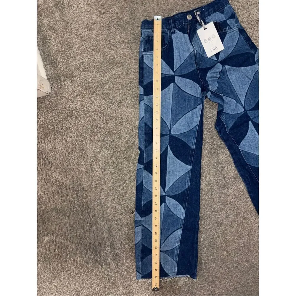 NWT Zara Kids x Sea New York Geometric Print Wide Leg Kids Patchwork Denim Jeans
